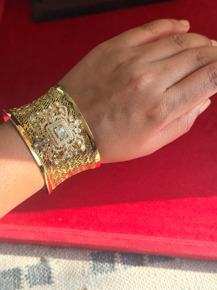 Exquisite 925 Silver Kundan Cuff Bracelet - Handcrafted by SHIVKA
