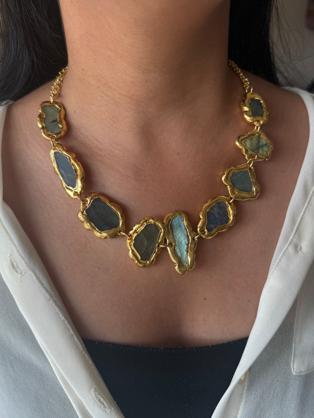 Handmade Raw Stone Gold Embedded Necklace | Adjustable Lobster Claw Brass Statement Jewelry