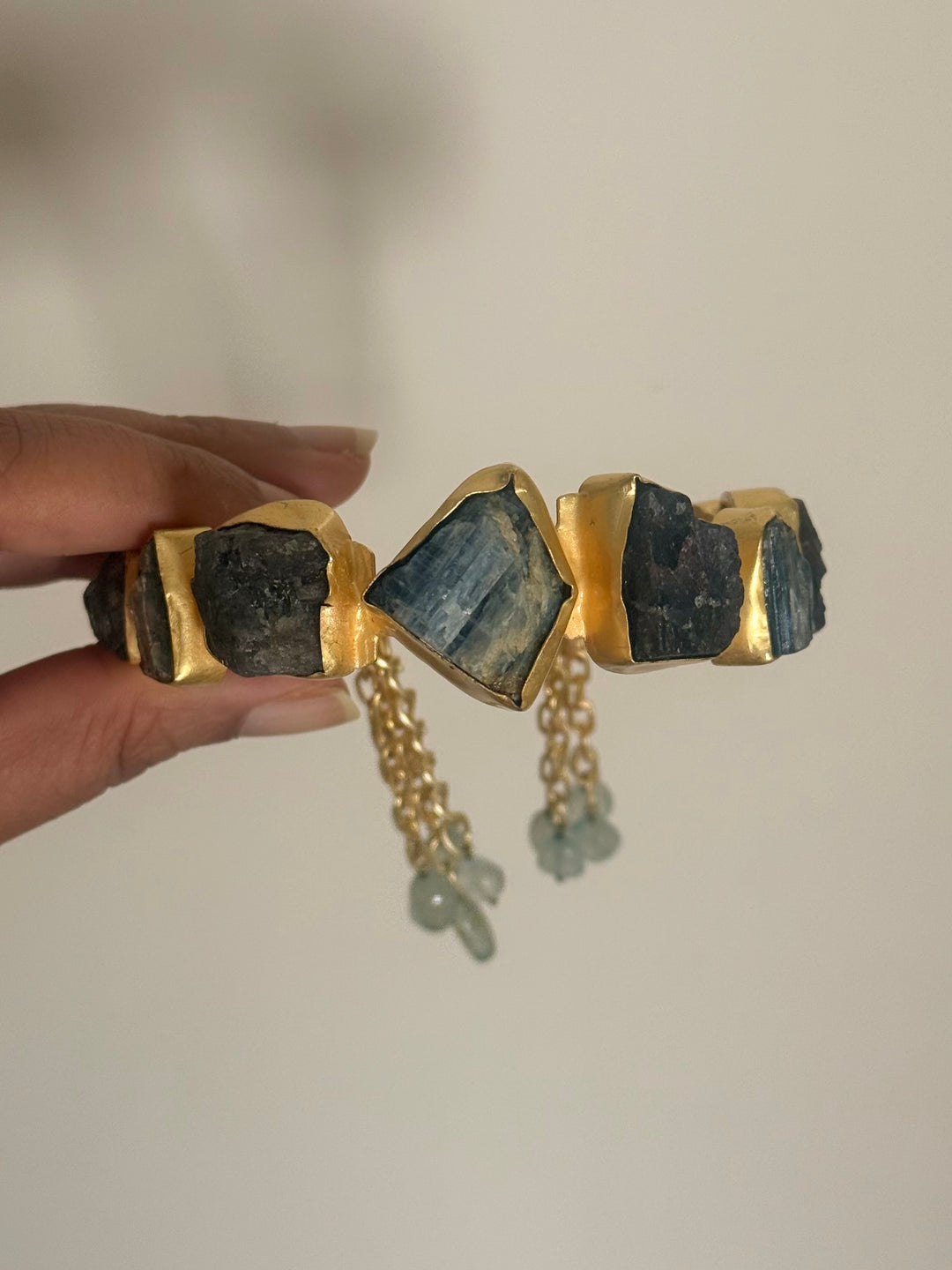 SHIVKA Designer Brass Tassel Cuff | Raw Druzy Chalcedony Stones | Gold Polish | 72g