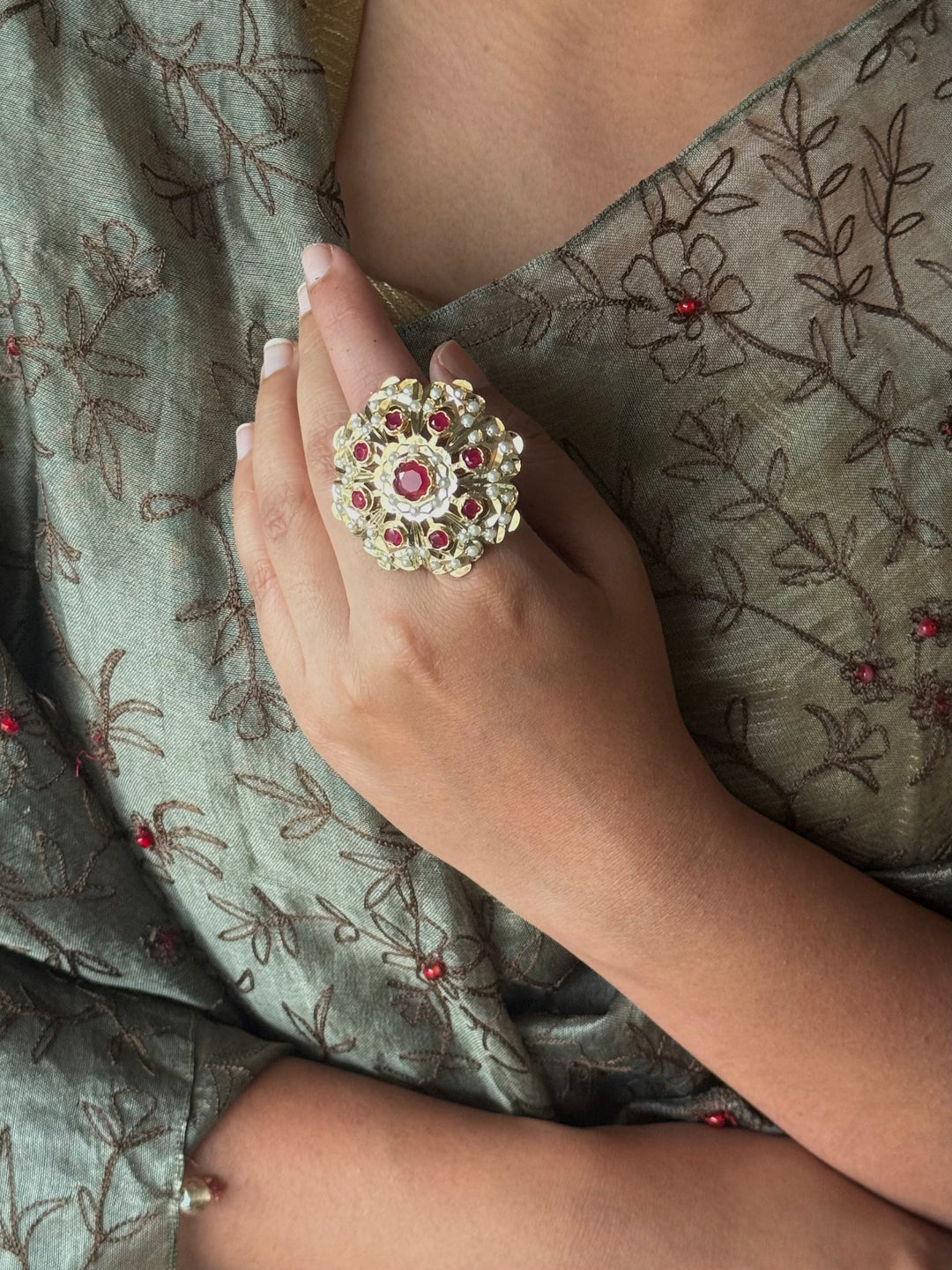 Statement Pearl and Ruby Jadau Ring | 18k Gold Plated | Copper & Semi-Precious Stones