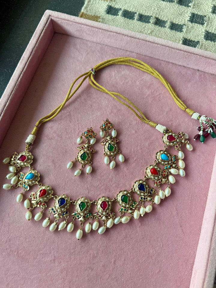 Statement Jadau Necklace Set | 18k Gold Plated | Copper & Semi-Precious Stones