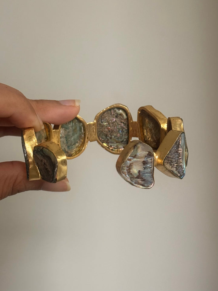 SHIVKA Designer Brass Abalone Cuff | Gold Polish | Natural Abalone Stones | Adjustable | 30g