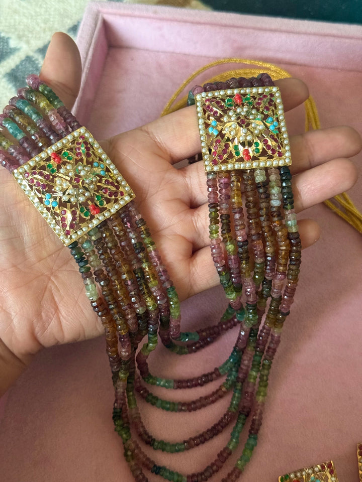 Handmade Jadau Tourmaline Necklace Set 18K Gold Plated | SHIVKA