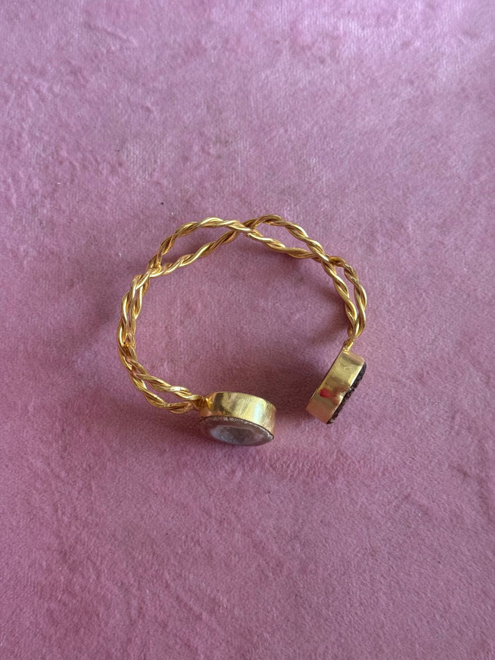 Raw Stone Cuff Bracelet, Gold Polish Brass, Adjustable