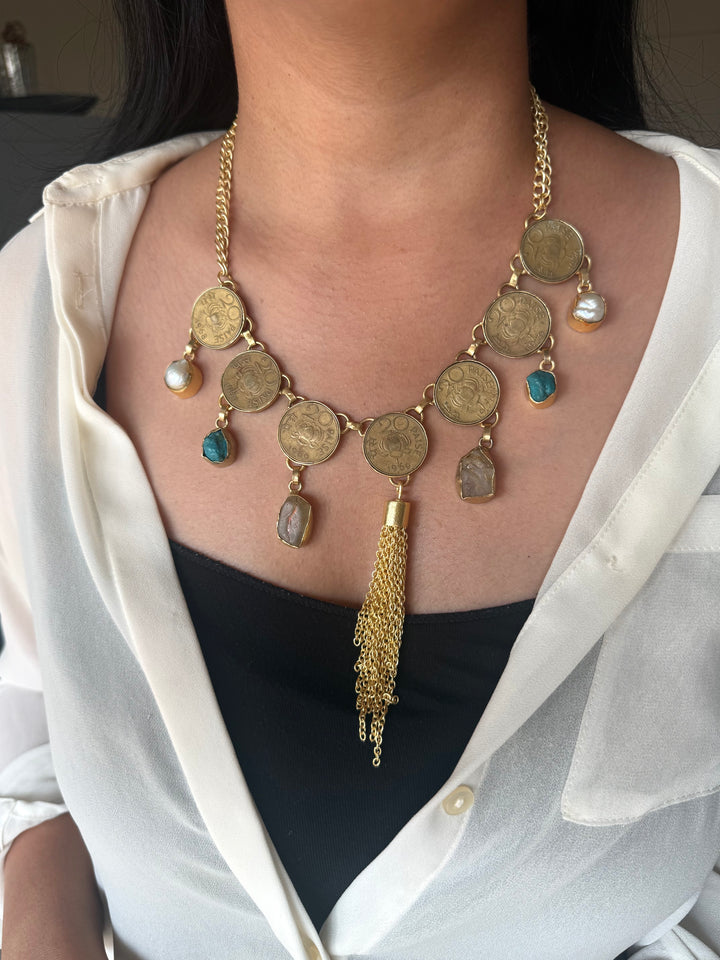 Handmade Raw Stone Coin Necklace | Gold Polish Brass Adjustable Statement Jewelry