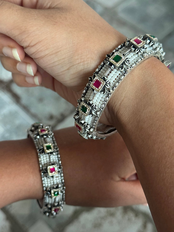 SHIVKA SAANJ 925 Silver Fusion Bangles | Set of 2 | CZ Stones | Artisan Crafted | 94g