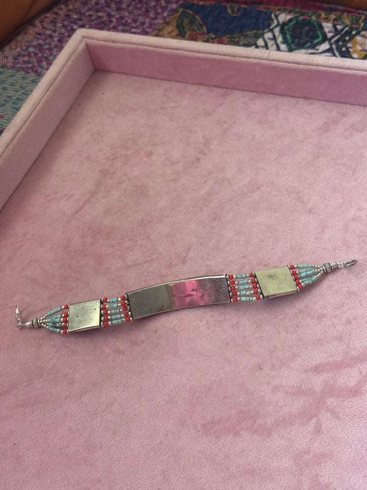 Handcrafted Turquoise and Coral German Silver Bracelet, Indian Jewelry