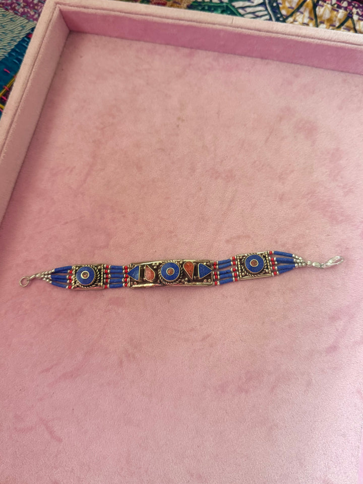 Handcrafted Lapis Lazuli and Coral German Silver Bracelet, Indian Jewelry