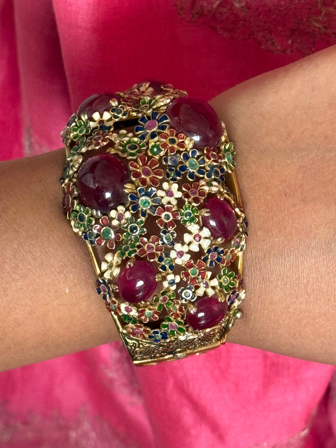 925 Silver Meenakari Ruby Kada by SHIVKA, Gold Plated Bikaner Artisanal Floral Openable Bangle