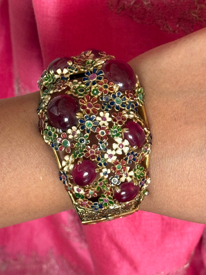 925 Silver Meenakari Ruby Kada by SHIVKA, Gold Plated Bikaner Artisanal Floral Openable Bangle