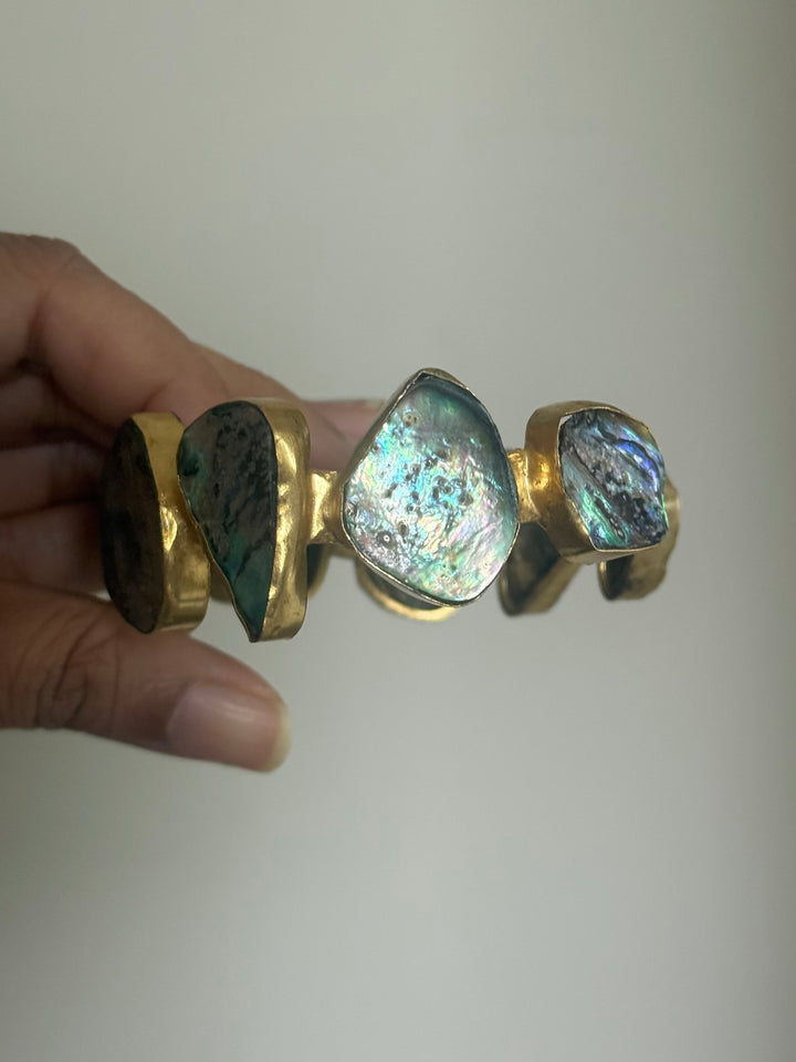 SHIVKA Designer Brass Abalone Cuff | Gold Polish | Natural Abalone Stones | Adjustable | 30g