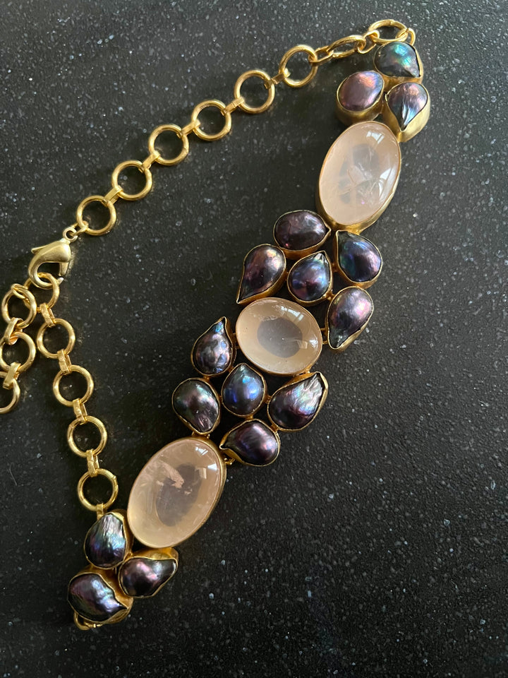 Pink Quartz and Black Baroque Pearl Choker Necklace