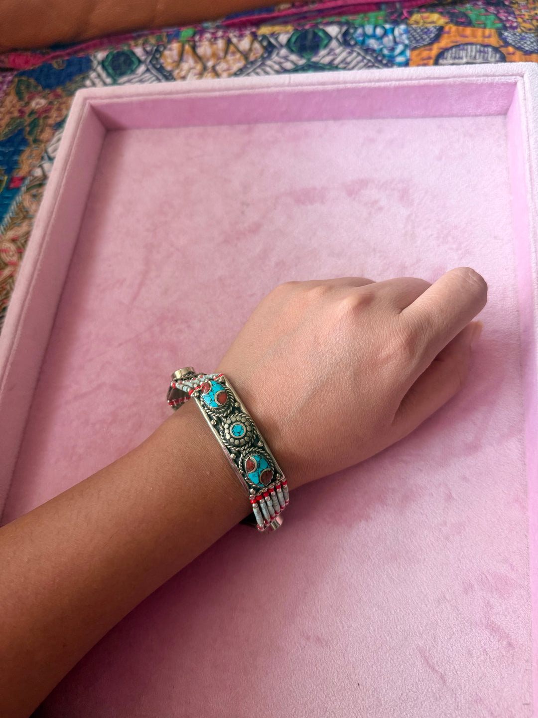 Handcrafted Turquoise and Coral German Silver Bracelet, Indian Jewelry