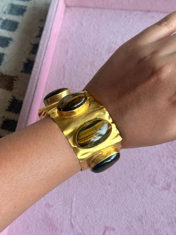 SHIVKA Designer Stone Brass Cuff | Adjustable Open Bracelet | Statement Festive Wear | 52g