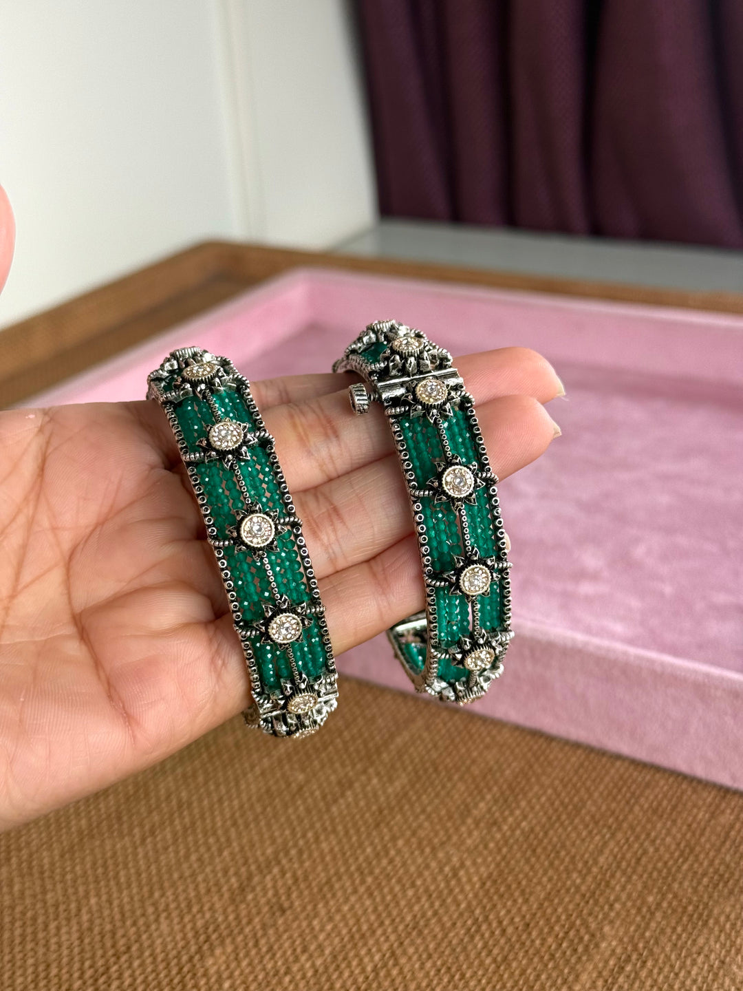 SHIVKA SAANJ 925 Silver Fusion Bangles | Set of 2 | CZ Stones | Artisan Crafted | 93g