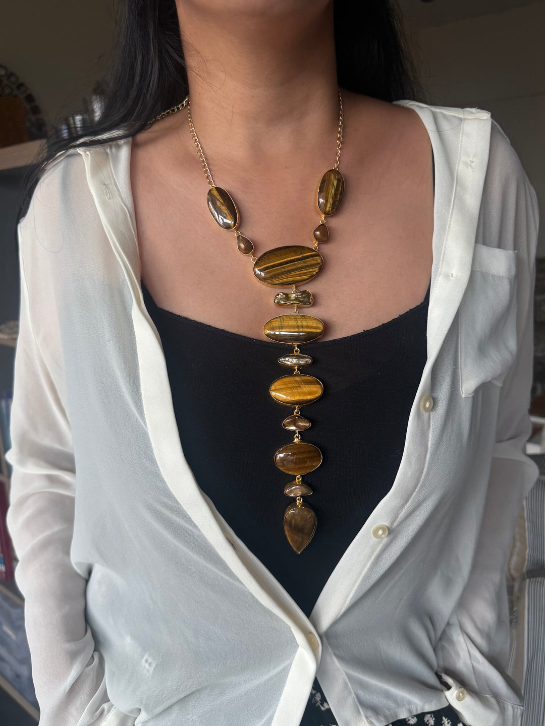 Handmade Raw Tiger Eye Stone Tie Necklace | Gold Polish Brass Adjustable Hook Closure Statement Jewelry