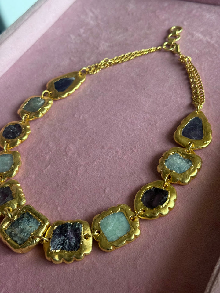 Handmade Raw Stone Gold Embedded Necklace | Adjustable Lobster Claw Brass Statement Jewelry