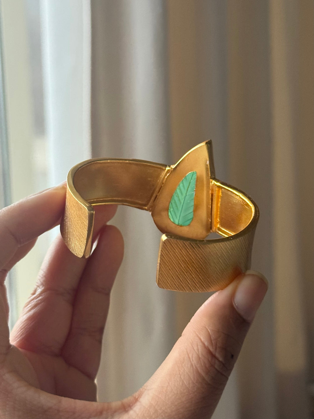 Exquisite Carved Green Onyx Stone Studded Brass Open Cuff - Unparalleled Quality and Style