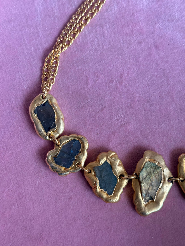 Handmade Raw Labradorite Gold Embedded Necklace | Adjustable Lobster Claw Brass Statement Jewelry