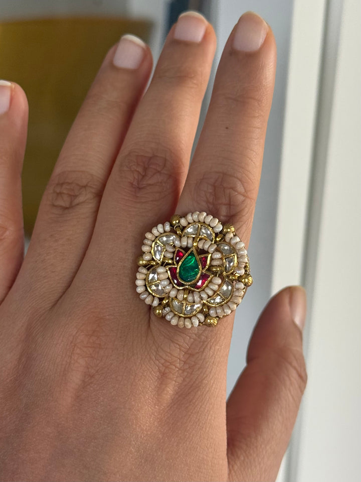 925 Silver Jadtar Gold Handmade Ring | Adjustable | SHIVKA