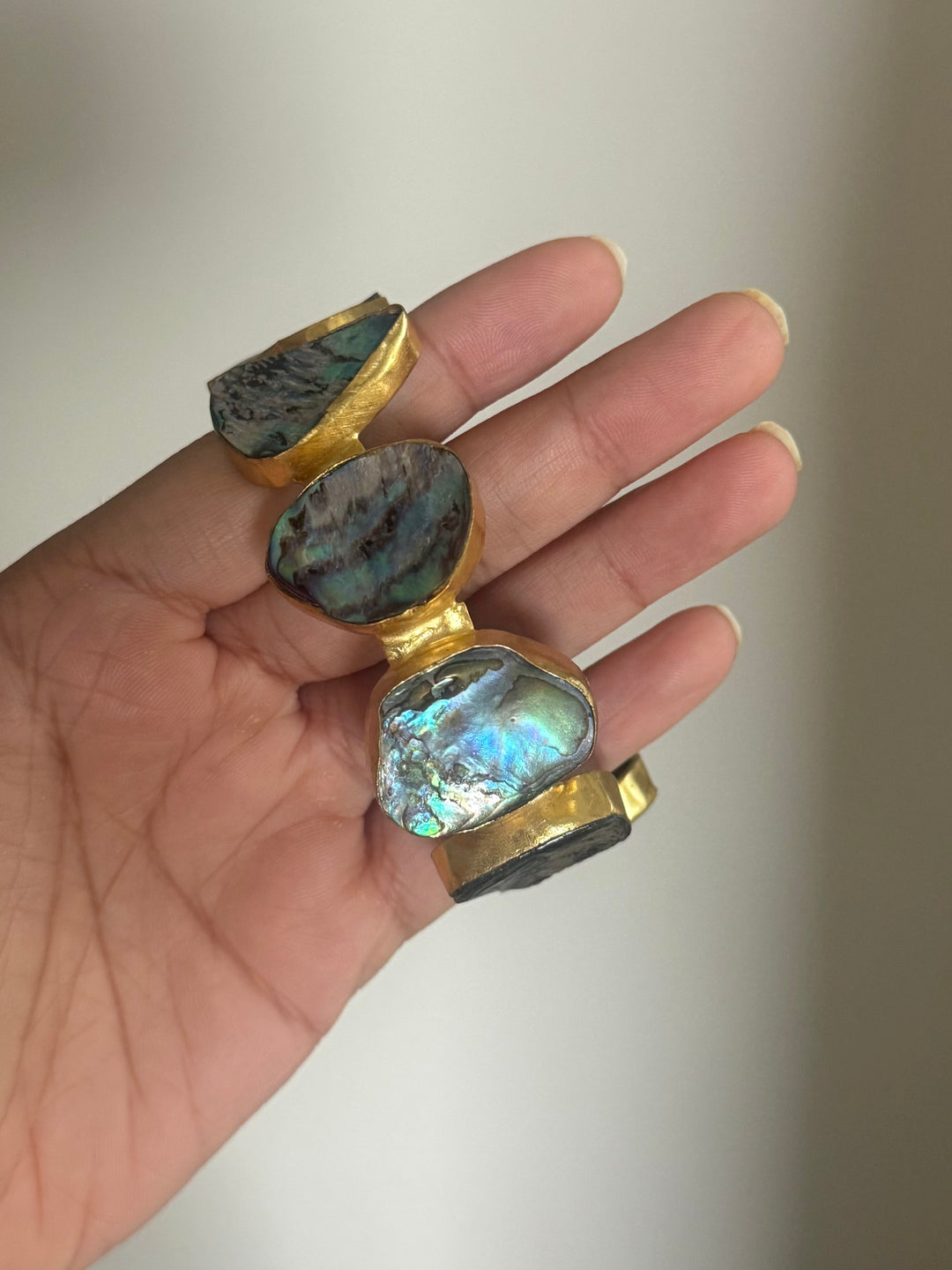 SHIVKA Designer Brass Abalone Cuff | Gold Polish | Natural Abalone Stones | Adjustable | 30g