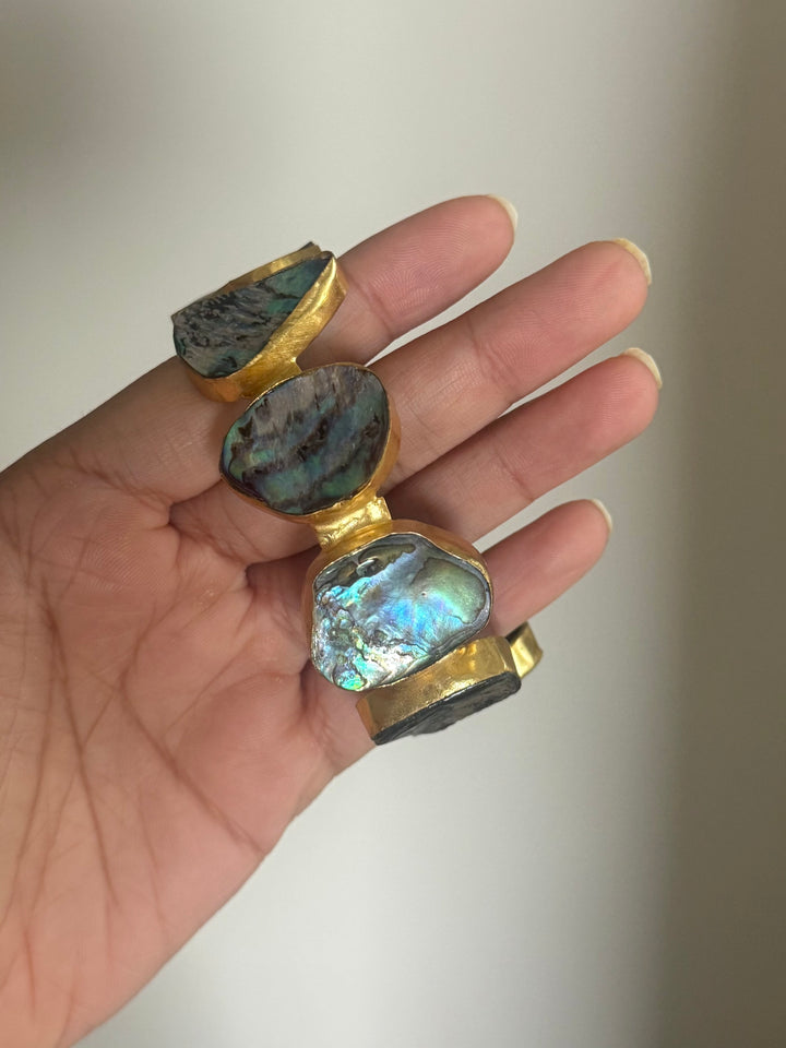 SHIVKA Designer Brass Abalone Cuff | Gold Polish | Natural Abalone Stones | Adjustable | 30g