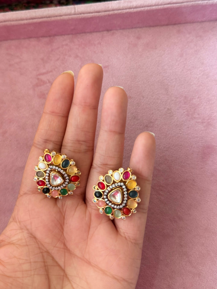 Handmade Designer Navratna Brass Studs | SHIVKA | 3x2.5 cm | 14g Pair | Push Back | Festive Gift Jewelry