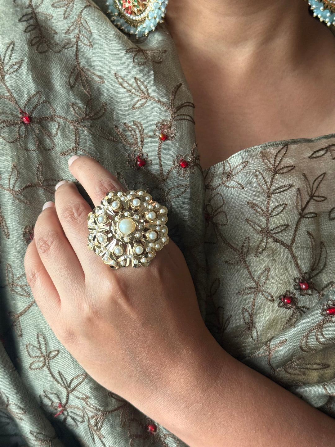 Statement Pearl Jadau Ring | 18k Gold Plated | Copper & Semi-Precious Stones