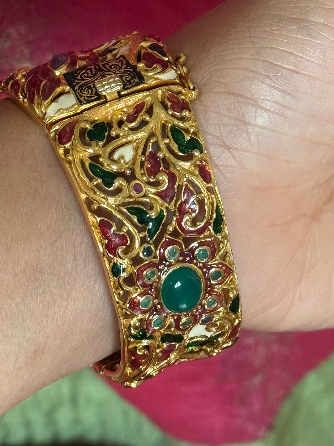 925 Silver Green Onyx Kada by SHIVKA, Gold Plated Bikaner Artisanal Enamel Bangle