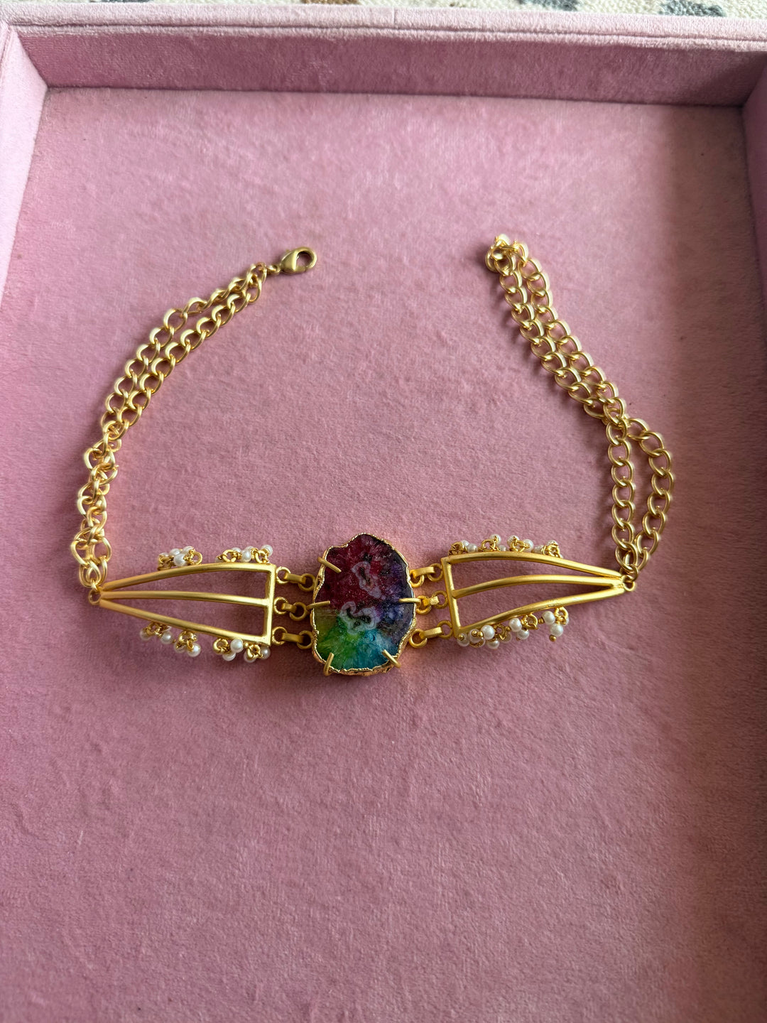 Handmade Natural Rainbow Stone Statement Choker | Brass Adjustable Lobster Claw Jewelry