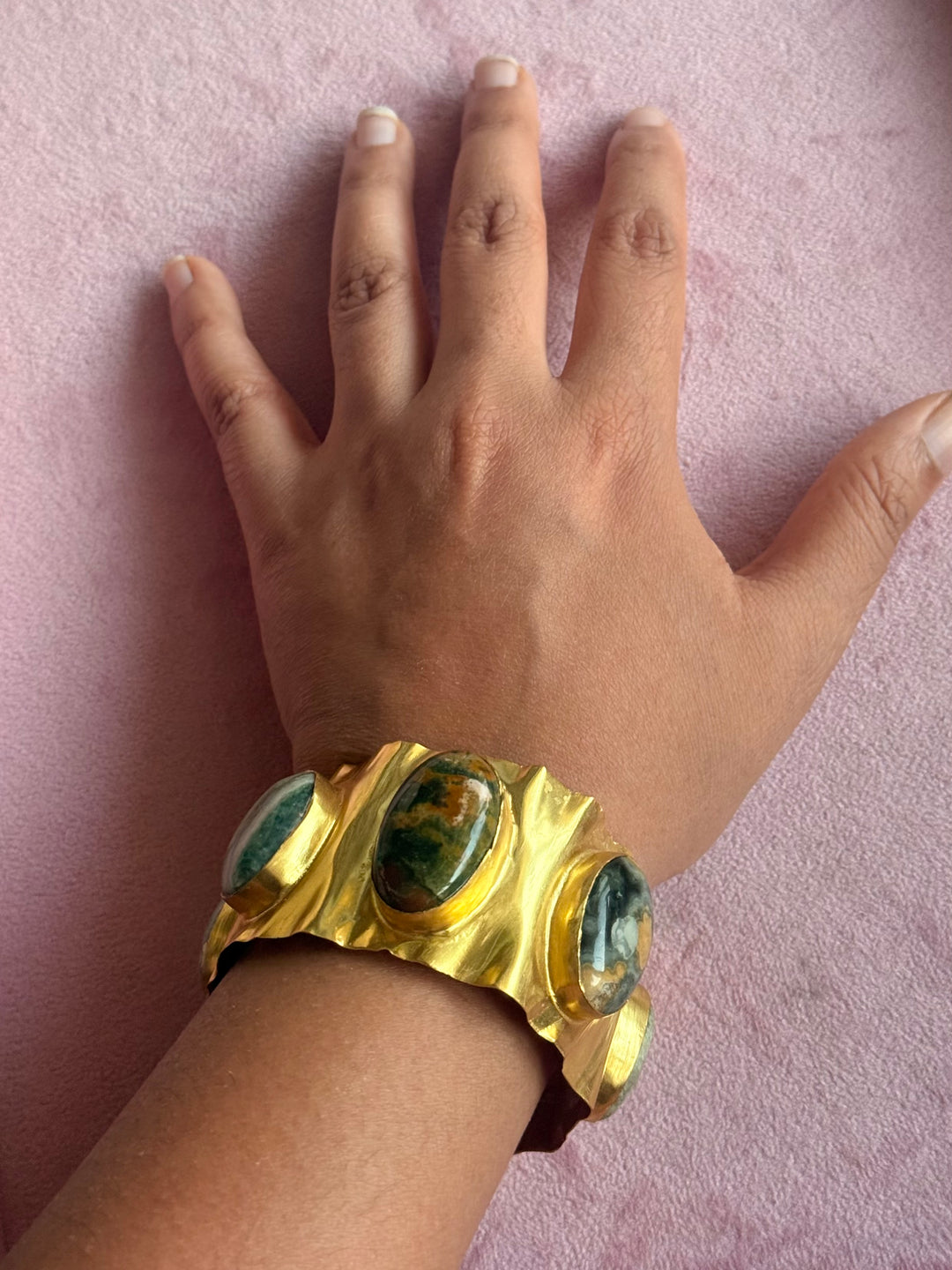 SHIVKA Designer Stone Brass Cuff | Adjustable Open Bracelet | Statement Festive Wear | 46g