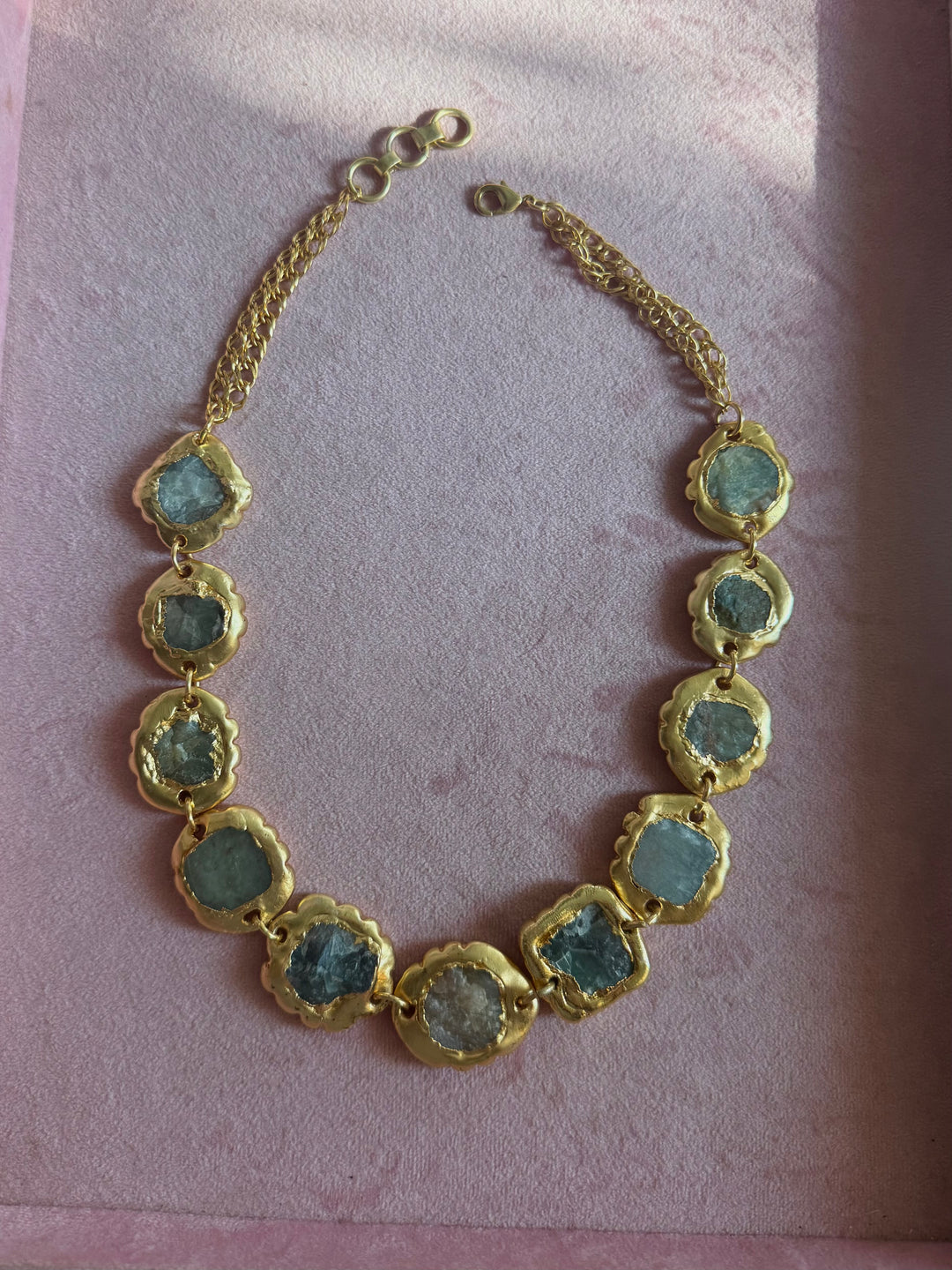 Handmade Raw Stone Gold Embedded Necklace | Adjustable Lobster Claw Brass Statement Jewelry