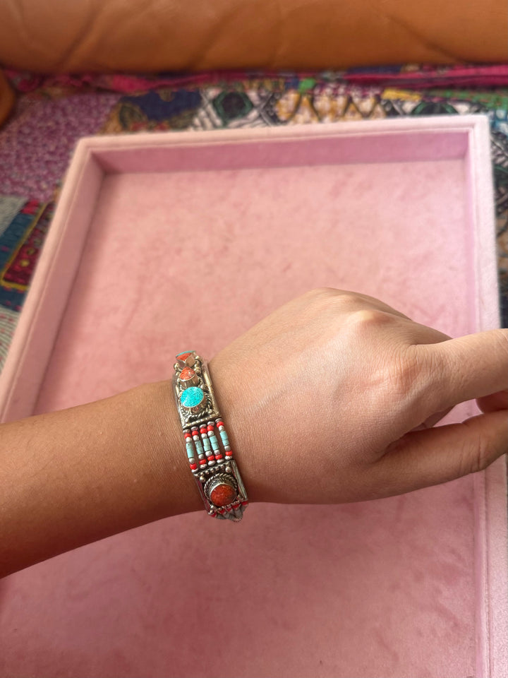 Handcrafted Turquoise and Coral German Silver Bracelet, Indian Jewelry