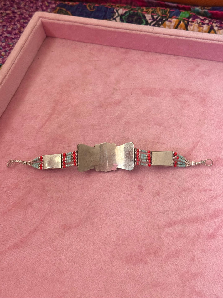 Handcrafted Turquoise and Coral German Silver Bracelet, Indian Jewelry