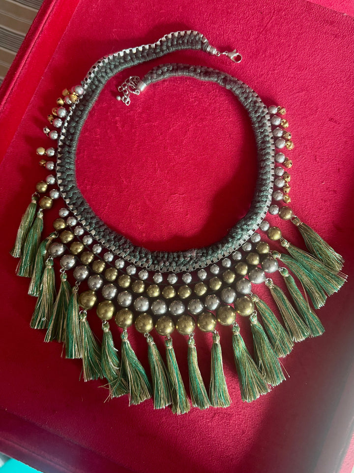 Handmade Green Thread Tassel Beaded Necklace | Adjustable Lobster Claw Statement Jewelry