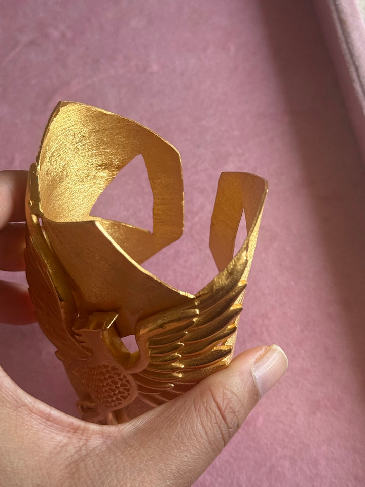Handmade Phoenix Statement Open Cuff | Textured Gold Polish Brass Free Size Bracelet