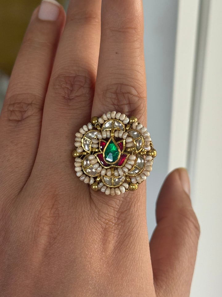 925 Silver Jadtar Gold Handmade Ring | Adjustable | SHIVKA