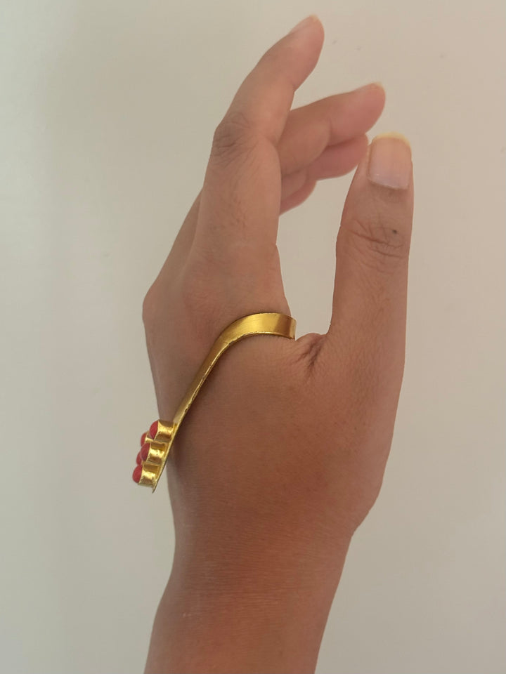 SHIVKA Coral Hand Harness | Brass Gold Polish | Natural Coral Stone | Handcrafted | 14g