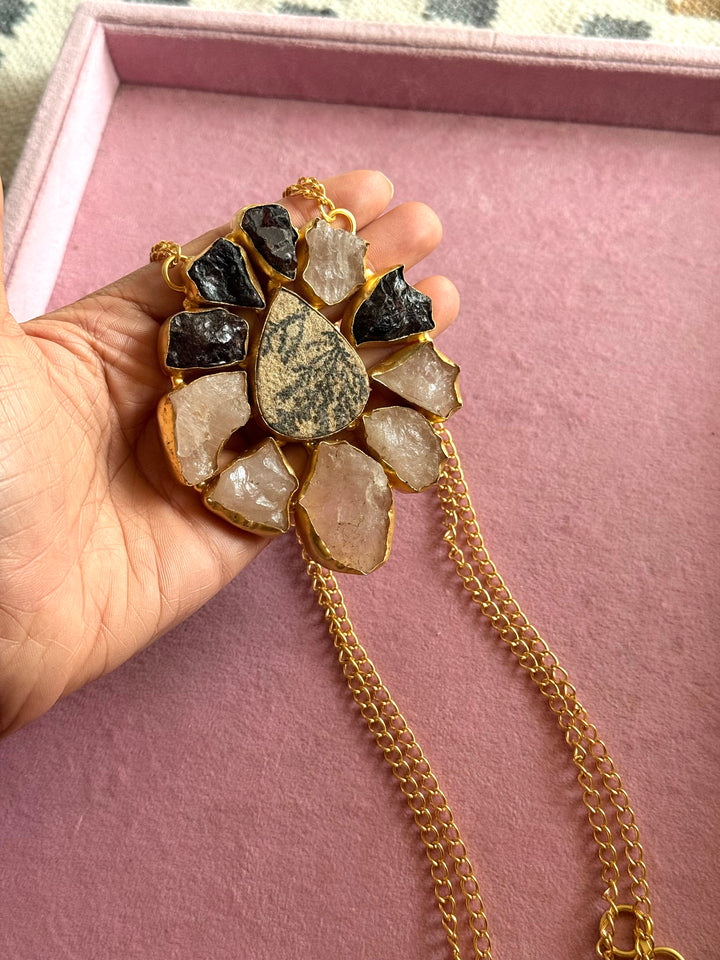 Handmade Rose Quartz Statement Necklace | Brass Adjustable Lobster Claw Jewelry