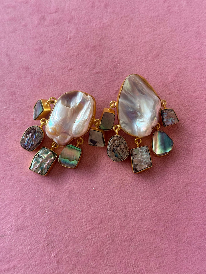 Handmade Brass Earrings with Abalone Shell & Baroque Pearls | Modern Gold Polish Statement Earrings by SHIVKA