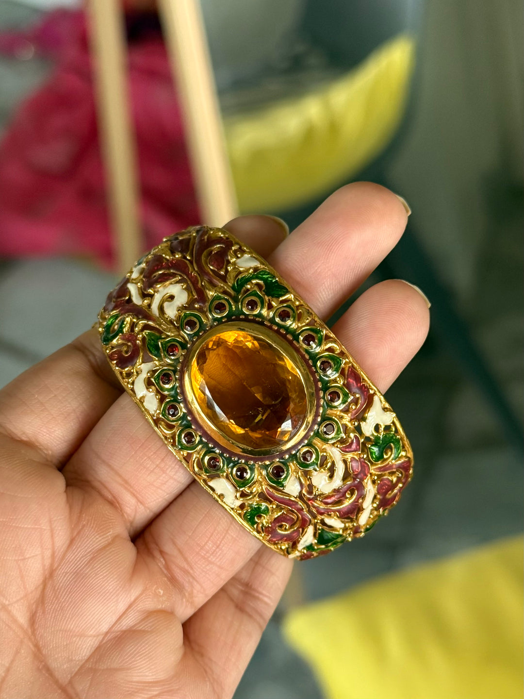 SHIVKA 925 Silver Meenakari Kada | Natural Topaz Stone | Gold Plated | Openable | 60g