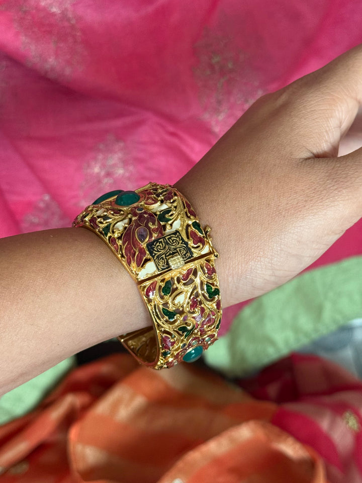 925 Silver Green Onyx Kada by SHIVKA, Gold Plated Bikaner Artisanal Enamel Bangle