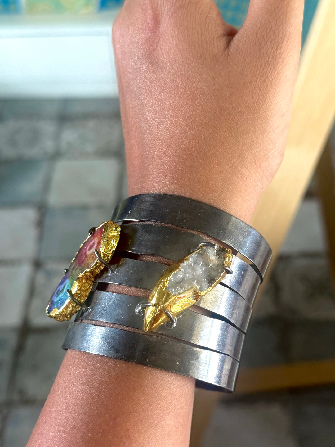 SHIVKA Designer Brass Quartz Cuff | Black Rhodium Polish | Natural Stones | Adjustable | 65g