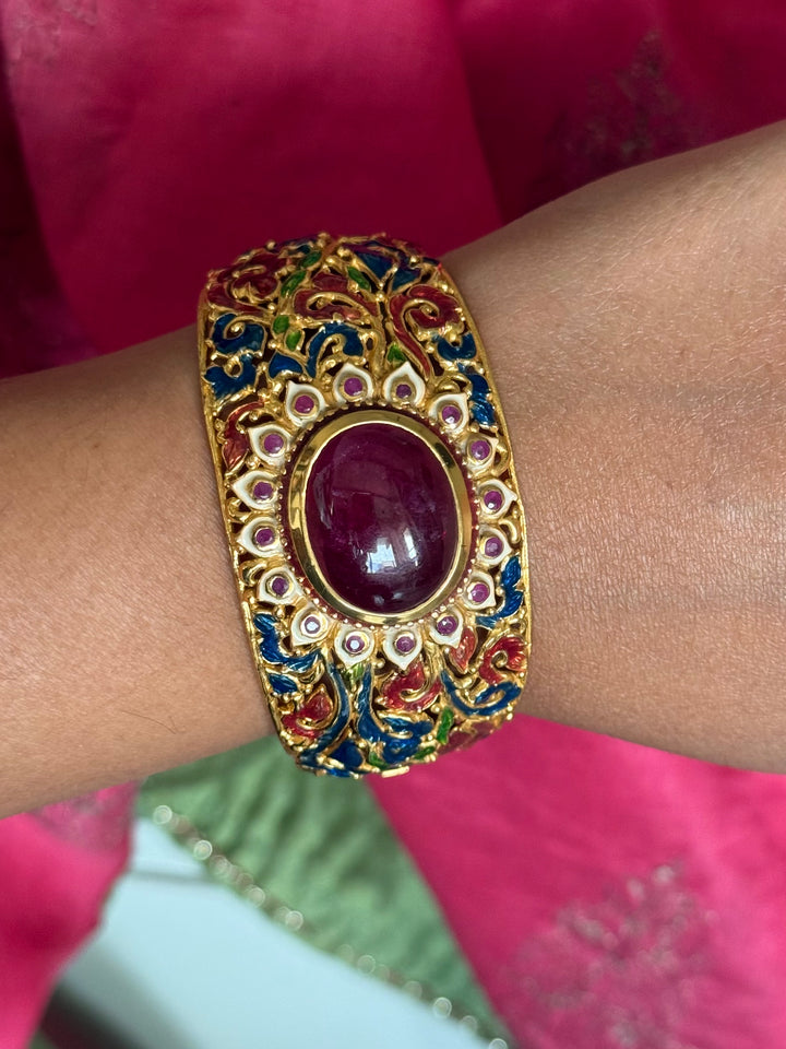 925 Silver Natural Ruby Oval Stone Kada by SHIVKA, Gold Plated Bikaner Artisanal Enamel Bangle
