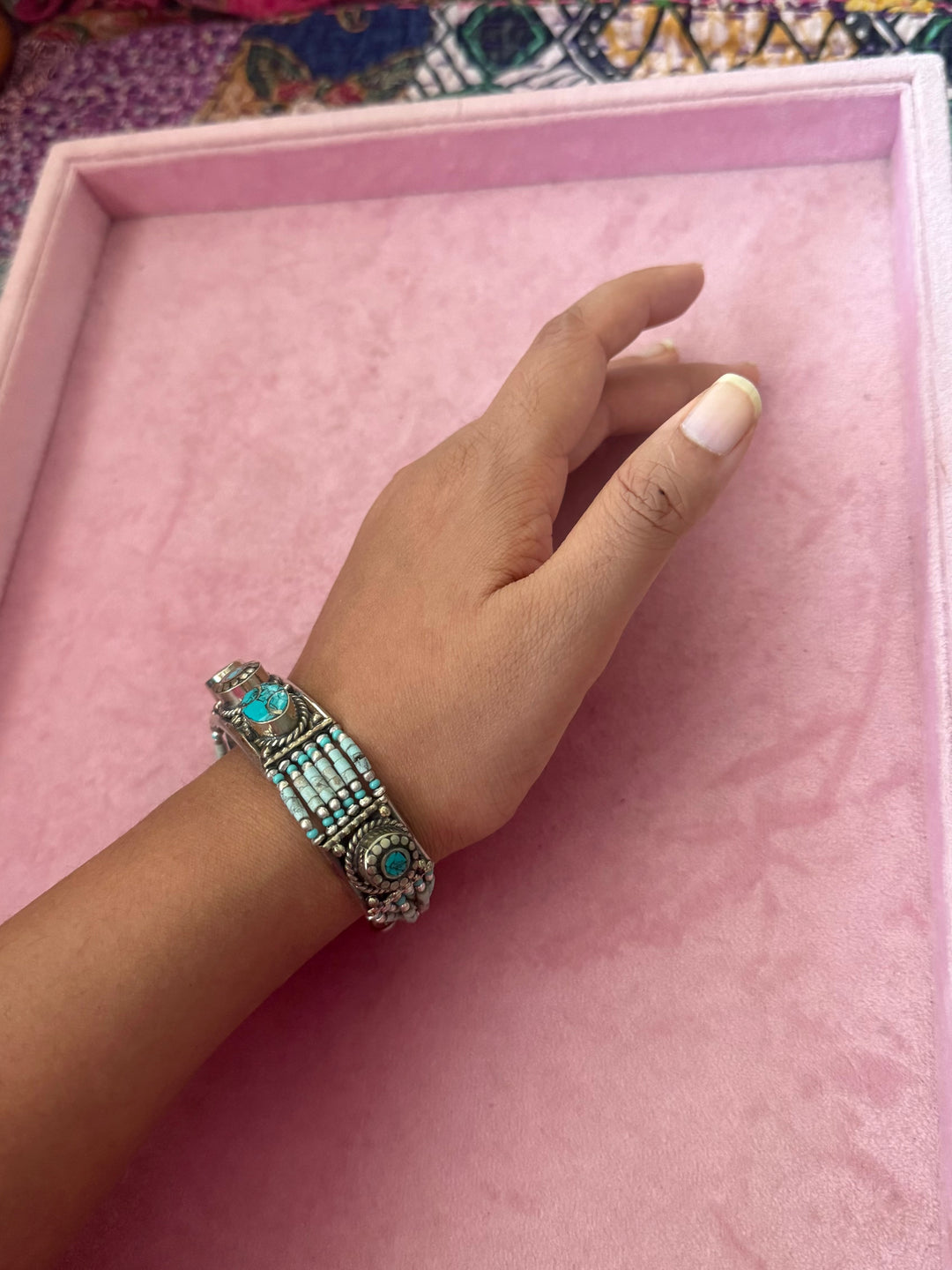 Handcrafted Turquoise German Silver Bracelet, Indian Jewelry