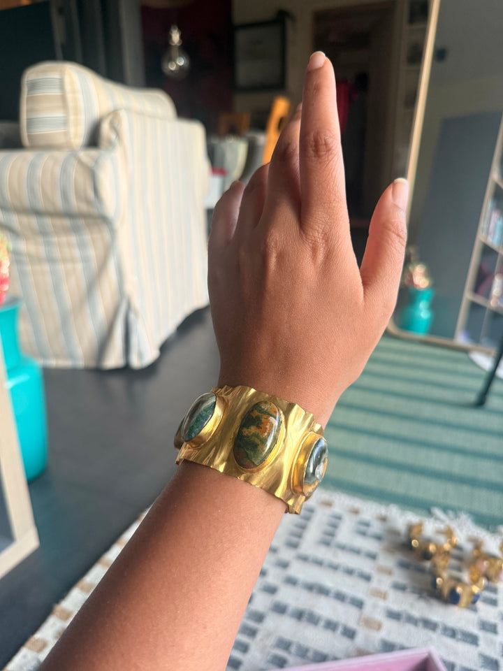 SHIVKA Designer Stone Brass Cuff | Adjustable Open Bracelet | Statement Festive Wear | 46g