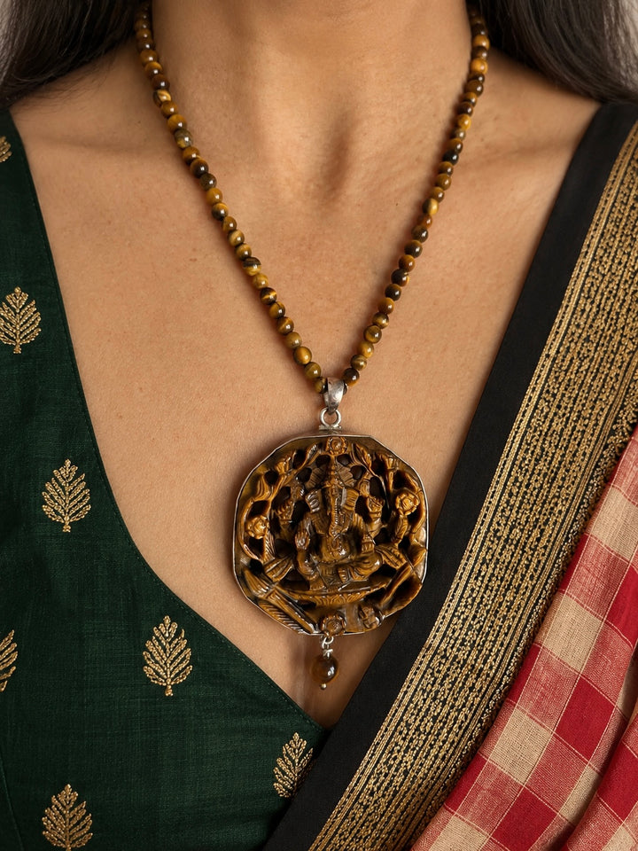 925 Silver Tiger Eye Ganesha Pendant Necklace