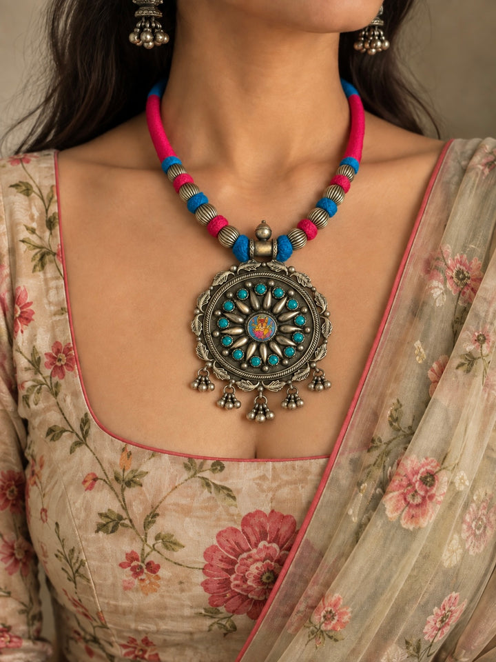 Handpainted Ganesha 925 Silver Thread Pendant Necklace