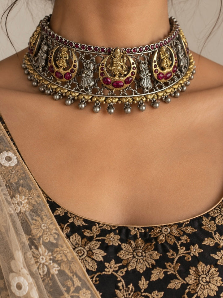 925 Silver Antique Ganesha Choker Set with Pink Cabochons