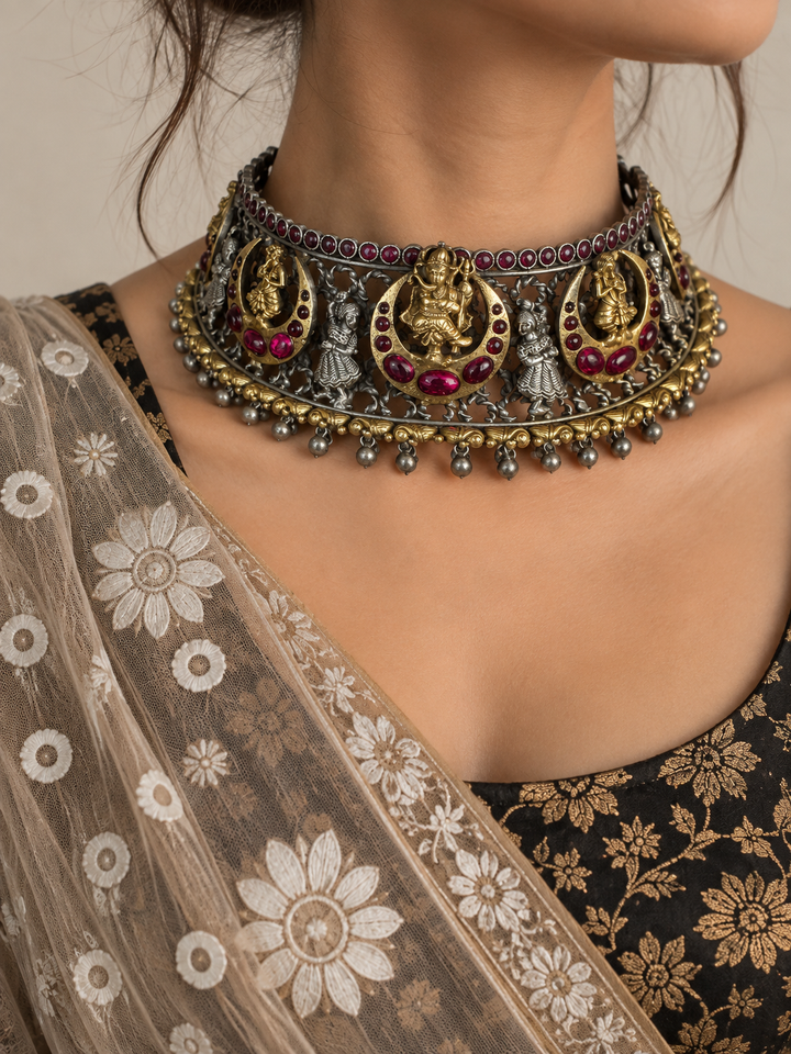 925 Silver Antique Ganesha Choker Set with Pink Cabochons